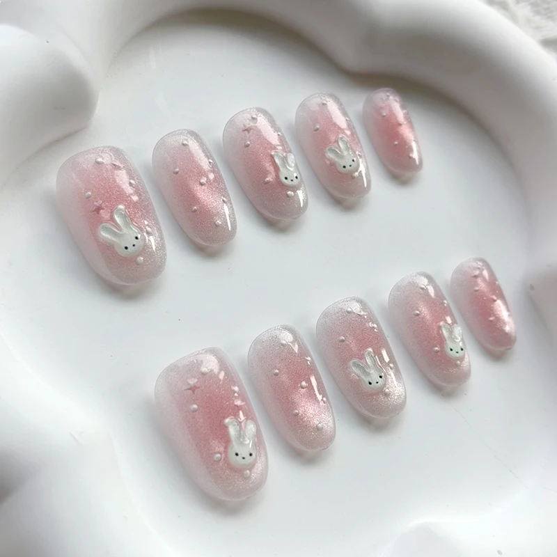 10 Stück Niedliche 3D Polka Dot Hasen Neue Katzenaugen Nagelkunst Kurze Mandel-Form Liebliche Erdbeer-Kaninchen Wiederverwendbare Nagelaufkleber Aufklebbare Nägel – Detail 8