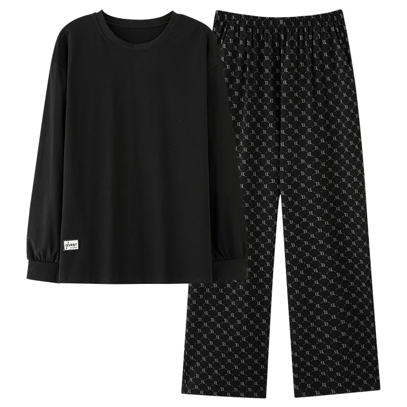 한국 젊은 남성 잠옷 코튼 크루 넥 스트라이프 긴팔 바지 캐주얼 대형 루즈 청소년 Loungewear 정장 잠옷