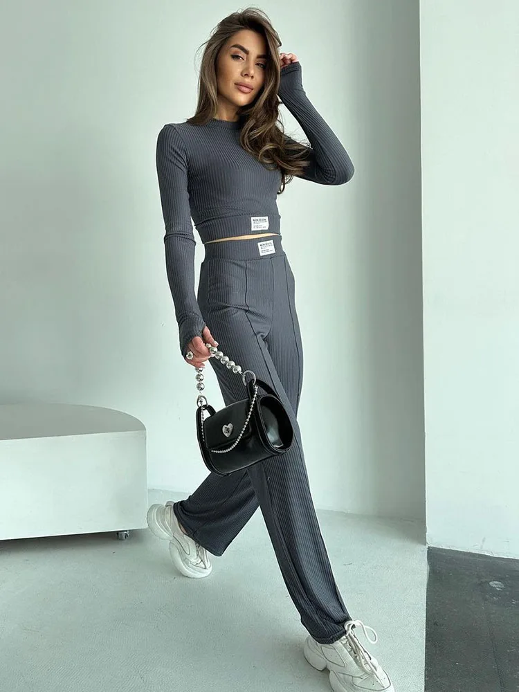 Spring Two Piece Work Office Lady Pants Suit Casual Long Sleeved Wide Leg Pants Set Basic Tank Top Blouse+Wide Leg Pants Female