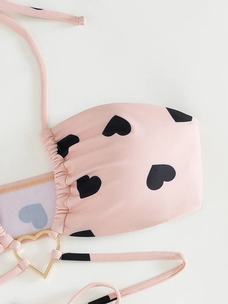 Sexy Herz-Druck-Mesh-Rock, 3-teiliges Bikini-Set für Damen, plissiert, Bandage, Kreuz-Cover-Up-Badeanzug, 2025, Strand-Badeanzug, Bademode