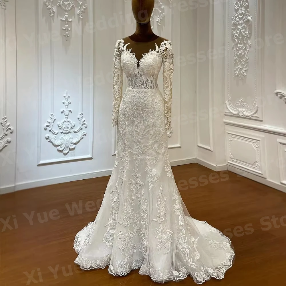 Abiti da sposa a maniche lunghe da donna a sirena squisita Treno smontabile Applicazioni in pizzo Abiti da sposa Robe De Mariée personalizzato