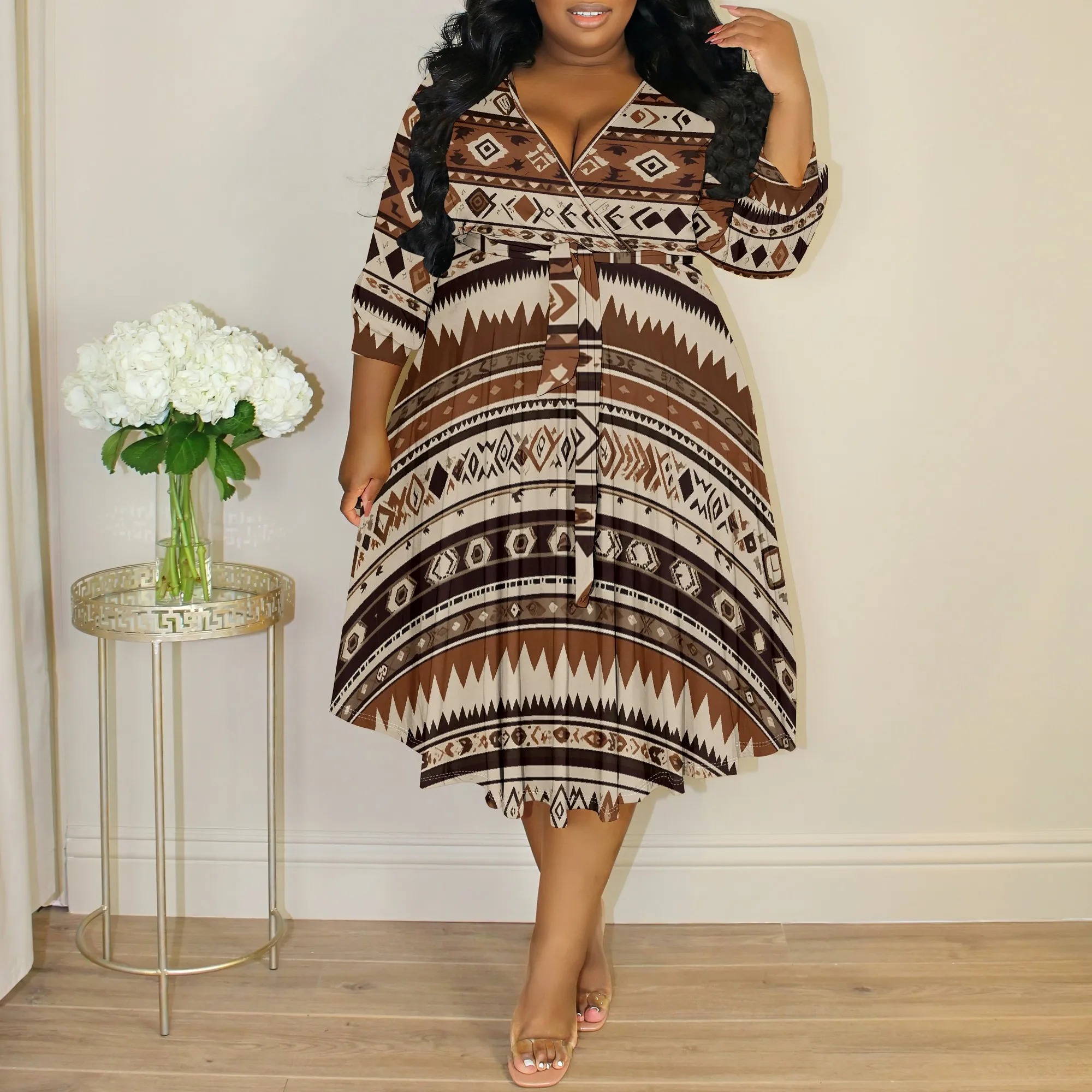 

Plus Size Women's Boho Tribal Print Wrap Dress XL-6XL V-Neck 3/4 Sleeve Pleated A-Line Midi Dress for Vacation & Holiday