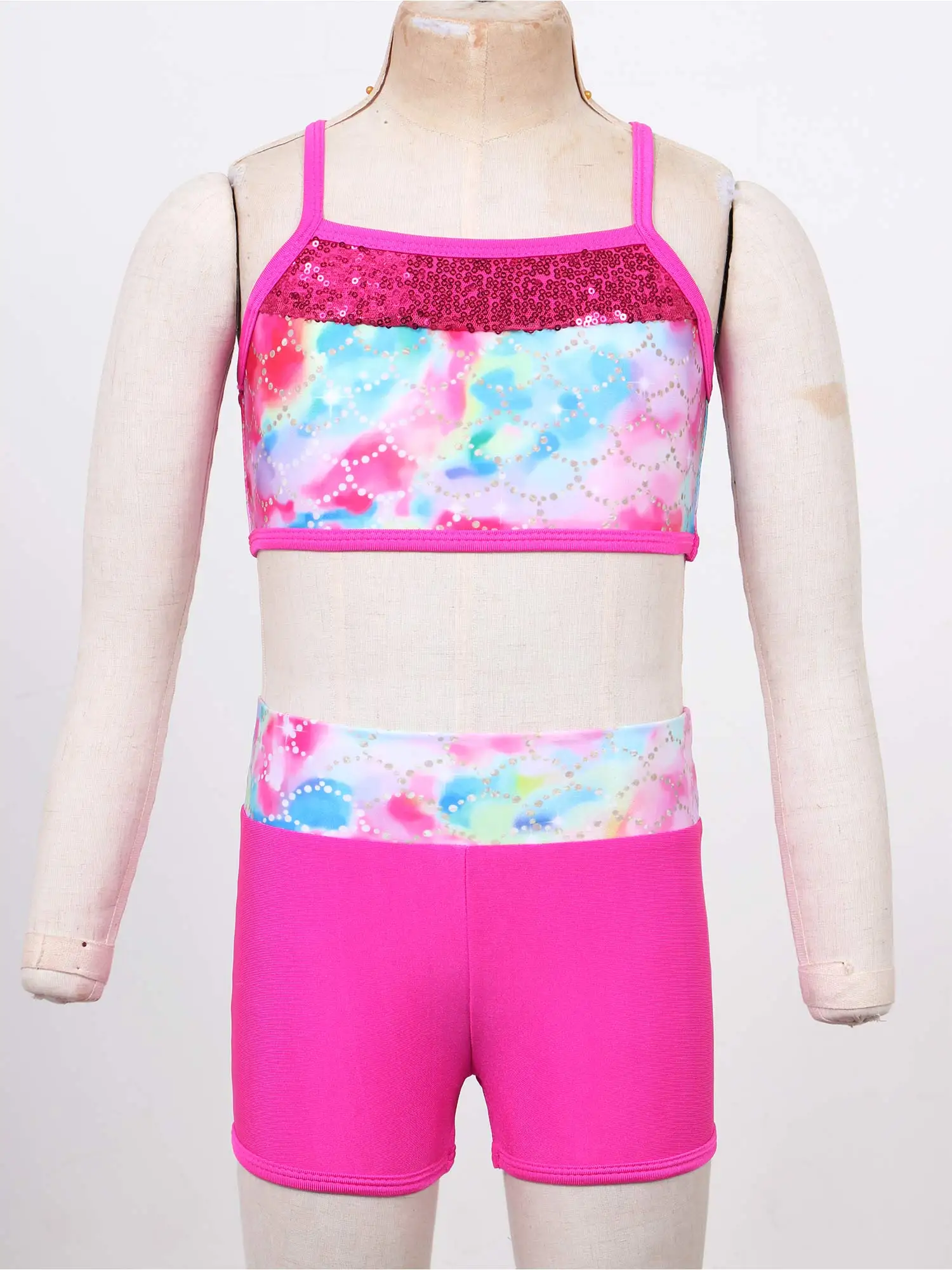 Kids Meisjes Ballet Outfit Dans Gymnastiek Turnpakje Jazz Serpeling Kostuums Print Pailletten Tank Crop Top Met Shorts Bottoms Tankini Set