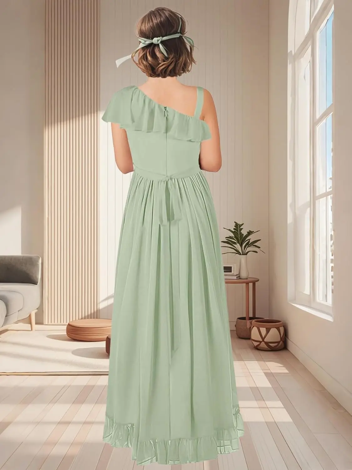 ชุดเพื่อนเจ้าสาวรุ่นจูเนียร์ทรงเอไลน์ ผ้าชีฟองแบบไฮโลว์ ชุดราตรีงานเลี้ยงยาวสำหรับเด็กผู้หญิง พร้อมดีเทลลายดอกไม้