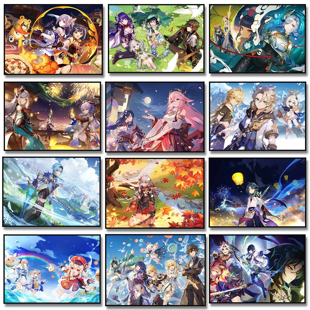 Genshin Impact Game Posters Ganyu Hutao Kazuha Characters Canvas Painting Wall Art Print Picture for Living Room Home Decor Gift