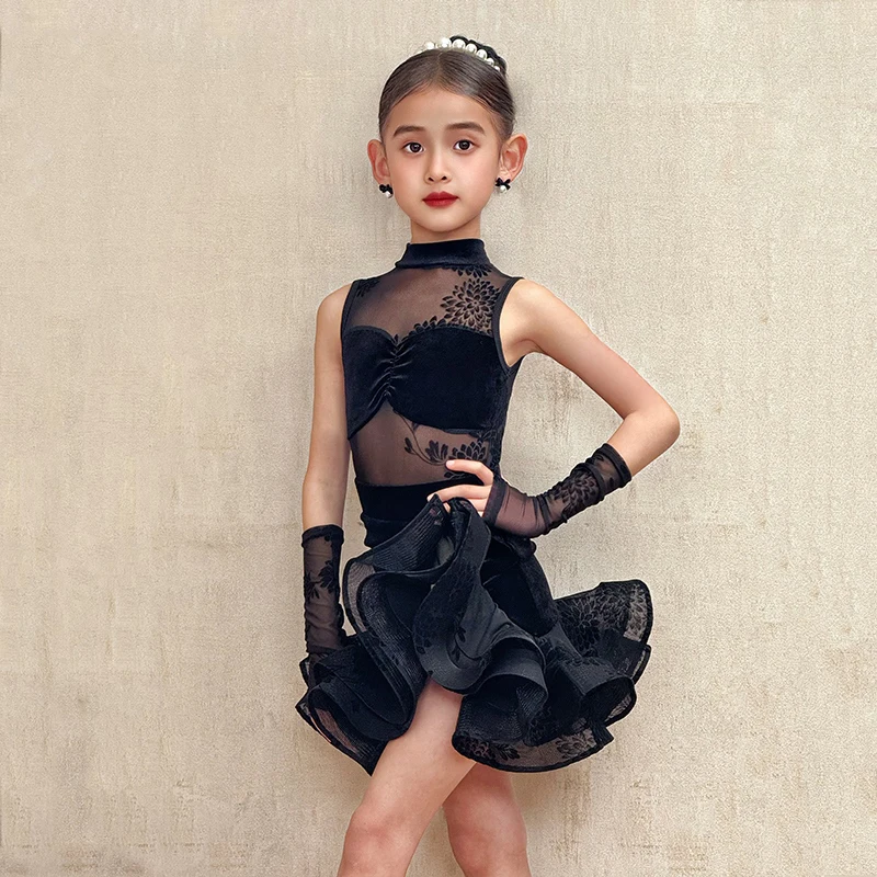 

Black Latin Dance Dress Girls Sleeveless Latin Dance Competition Costume Children'S Ballroom Dance Performance Dresses SL12468