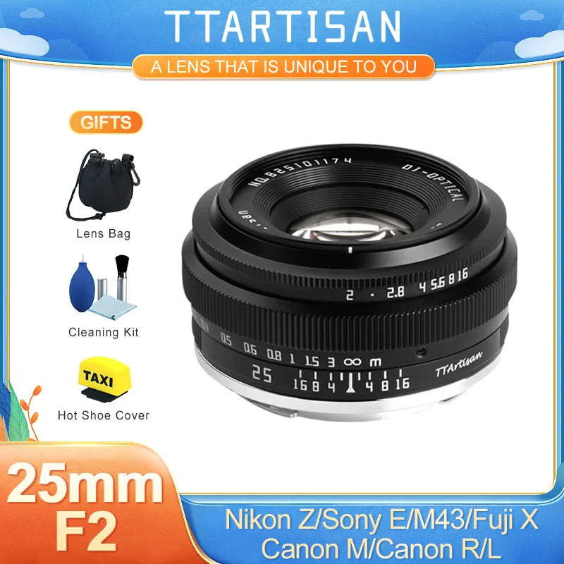 TTArtisan 수동 초점 프라임 렌즈, 25mm F2 APS-C 프레임, 소니 E a6000 a6400 후지 XT30 XT4 XS10 니콘 Zfc 캐논 EOS M EOSR M43 l용