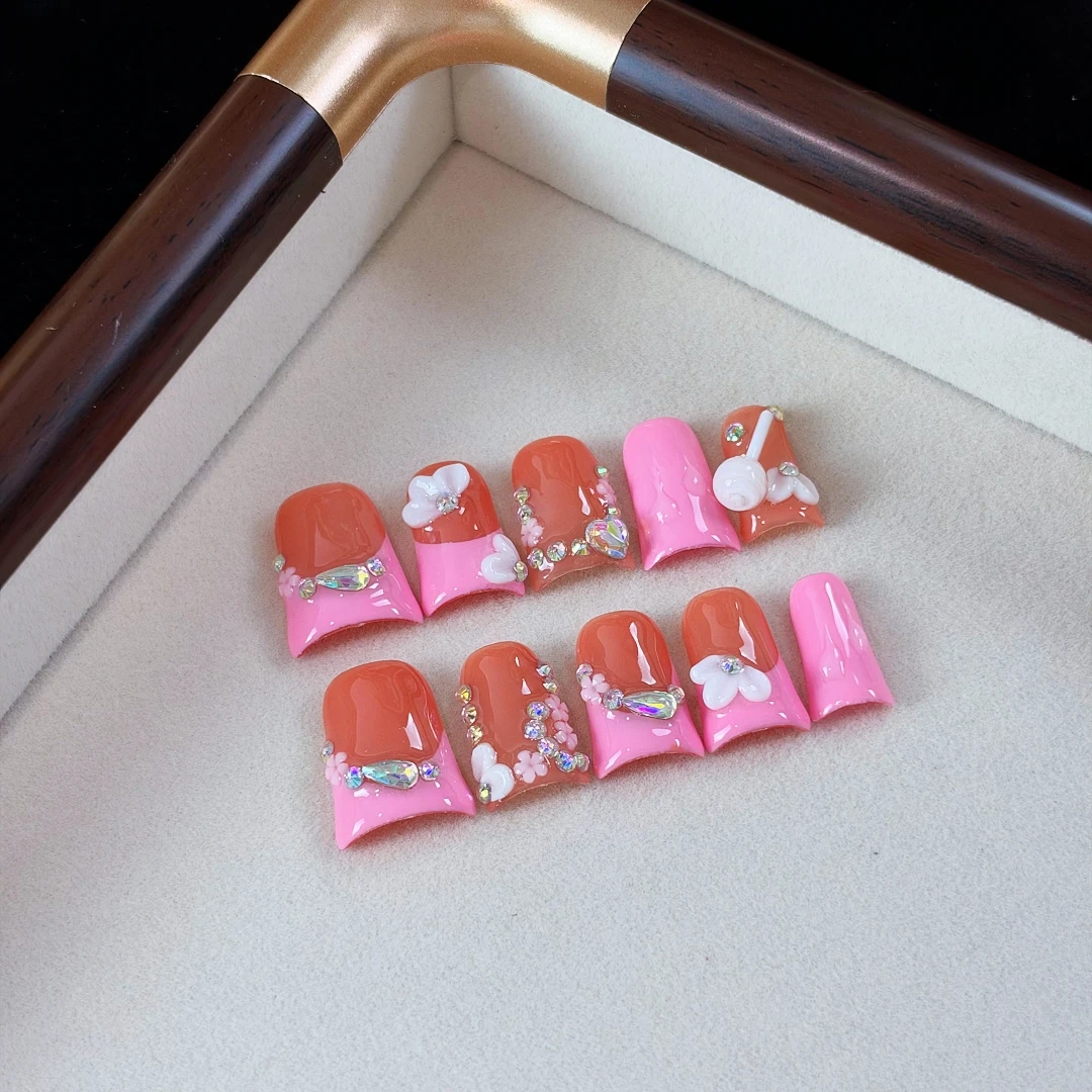 10pcs High-end Fashionable and sweet style, hand-painted patterns, candy, and embedded diamonds handmade fake nails