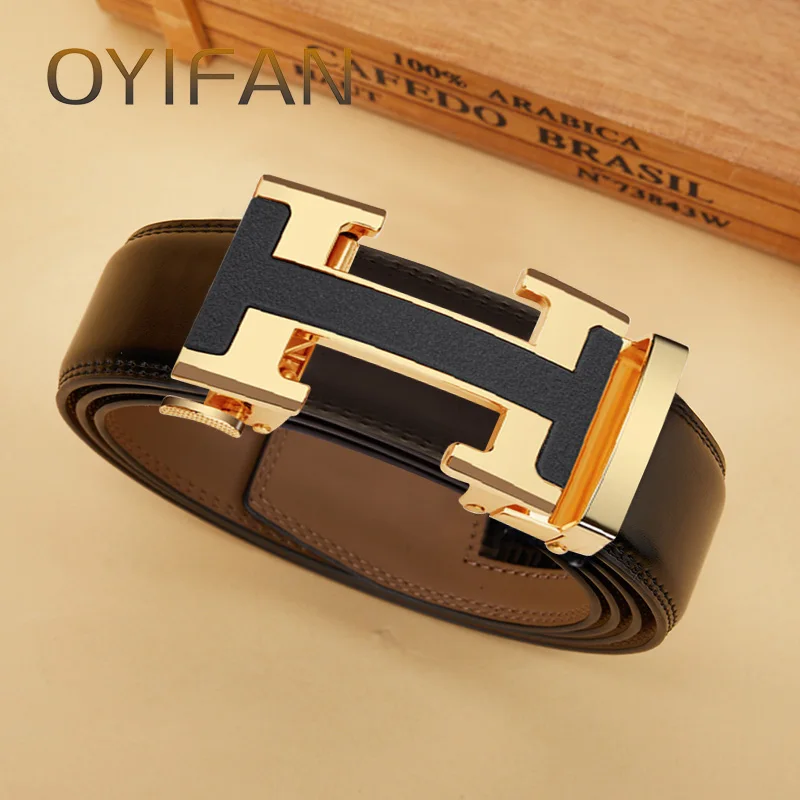 Mens Leather Belt Black Color Automatic Belts Leisure Fashion Ratchet Belts for Men Pants Waistband Genuine leather belt for men