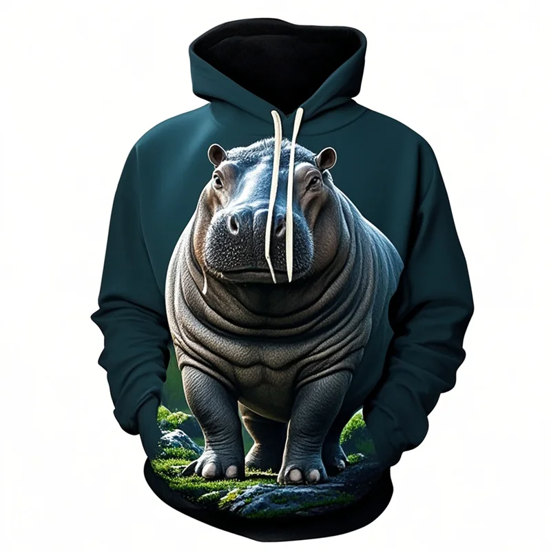 Sudaderas con capucha Unisex con estampado 3D de hipopótamo Animal, sudaderas con personalidad, Tops de gran tamaño, moda informal, lindo hipopótamo