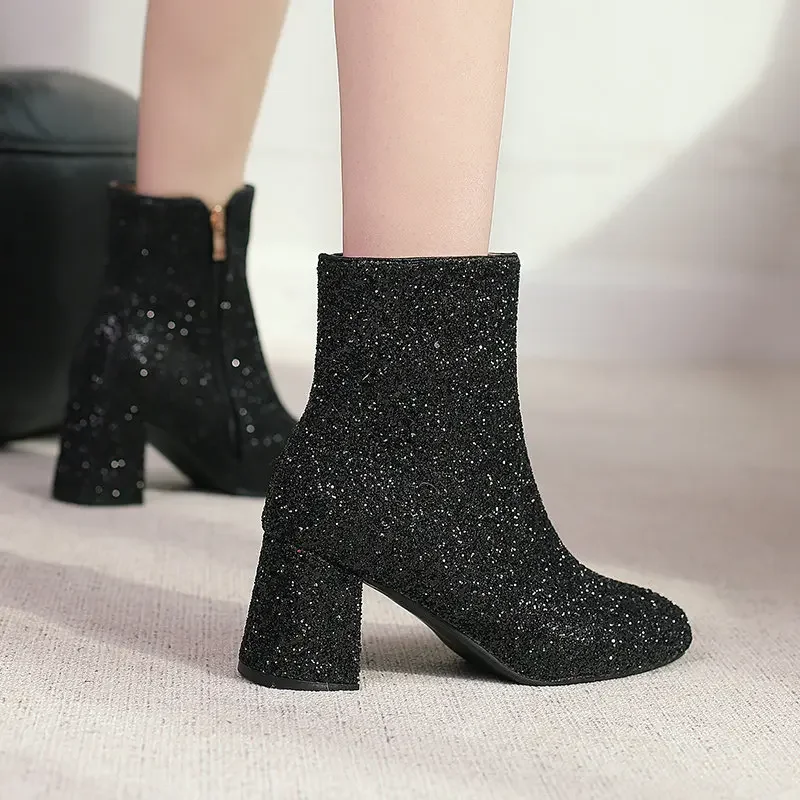 Duży rozmiar 48 49 50 Gold Silver Blue Sequined Cloth Glitter Winter Shoes Women Chunky High Heels Bling Party Ankle Chelsea Boots