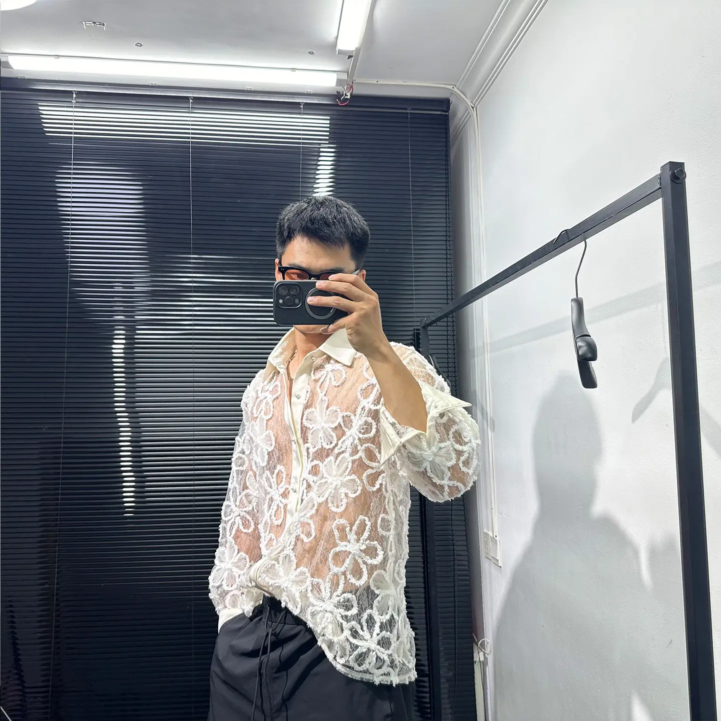 Fashionable High-Grade Design Hollow Printed Long-Sleeved Shirt Men's Autumn Avant-Garde Loose Leisure All-Matching