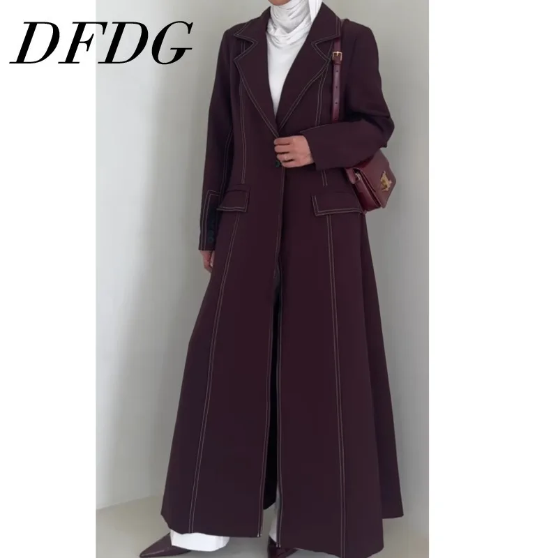 

DFDG 2025 Spring Notched Lapel Tie-Waist Oversized Floor-Length Blazer Jacket Linen Transition Modern Feminine Street Style