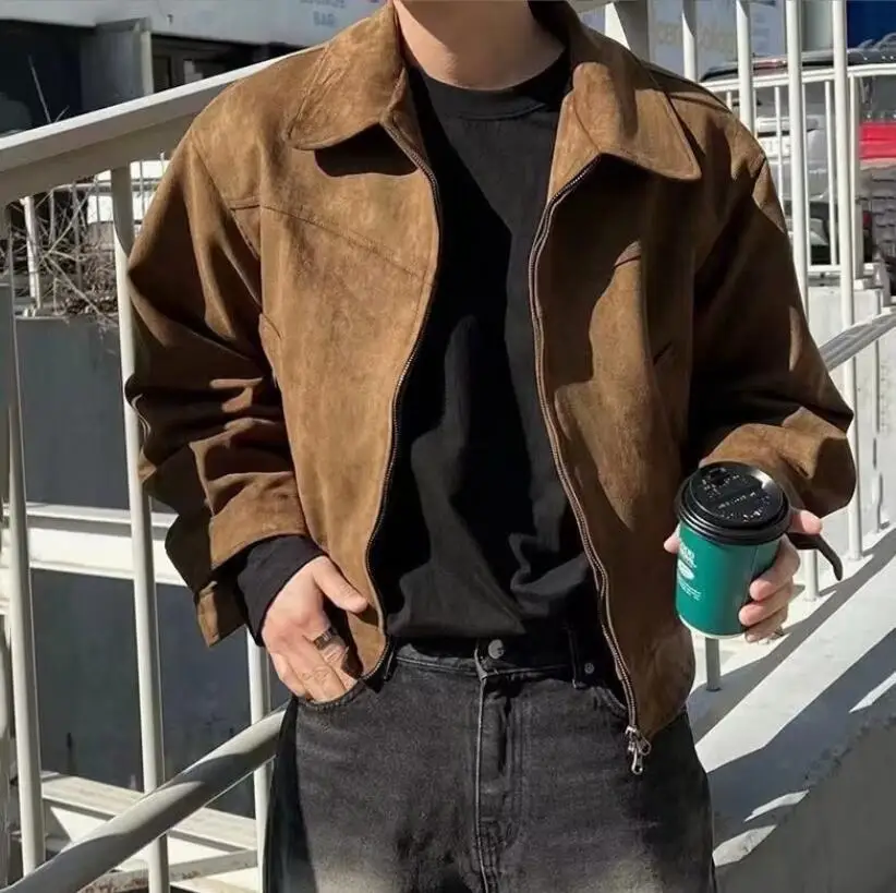 Cappotto marrone nero da uomo primavera autunno Top allentato di fascia alta inverno nuova giacca corta con cerniera Streetwear Vintage