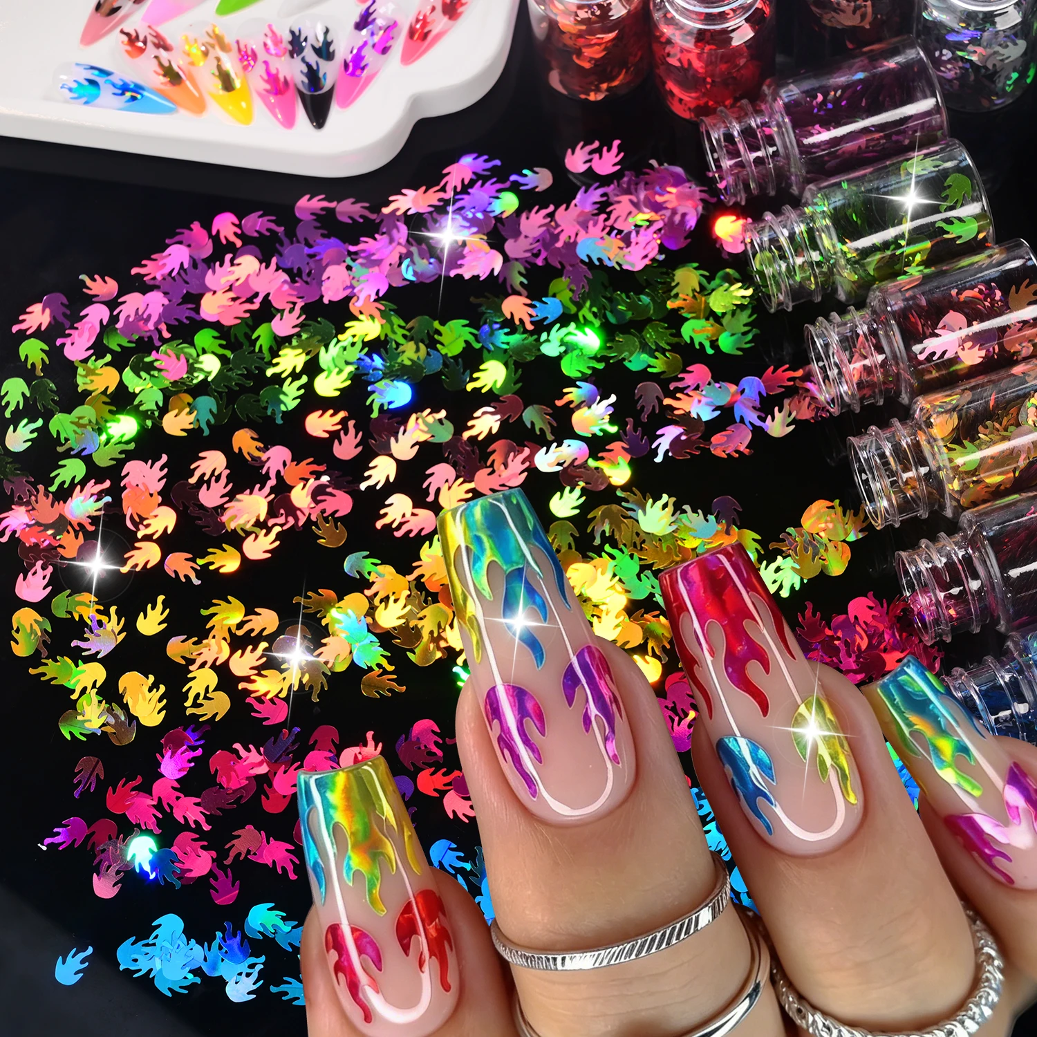 12Jar Holographic Flame Nail Glitter Sequins Aurora Fire Nail Flakes Colorful Metallic Flame Confetti DIY Manicure Resin Crafts