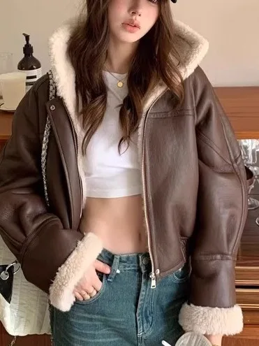 

Faionable Thiened осенне-зимнее кожаное меховое пальто женское милое крутое байкерское пальто с длинной застежкой-молнией све