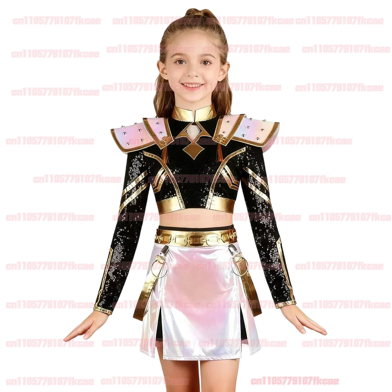 Kinder K-POP Dämon Jäger Cosplay Rumi Zoey Mira Schwarz Bühne Uniform Halloween Kostüme Frauen Top Rock Jacke Kopfbedeckung Perücke
