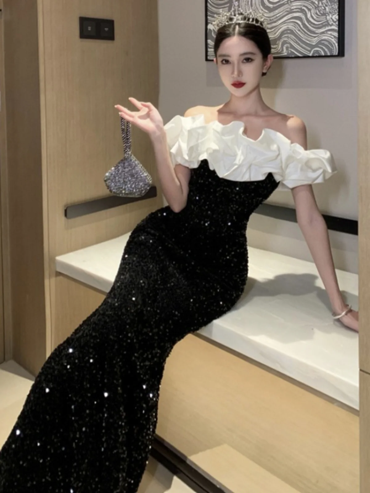 

Sexy One-oulder Velvet Dr Sparkling Sequins Women's Spring Evening Ball Gown Ele Sensual Lady Sle Long Skirt Dr