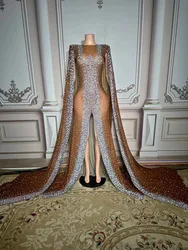 Luxury Dubai Design Cape Long Sleeve Celebrity Dresses Crystals Rhinestone Beaded Party Prom Dress For Women Evening Gown