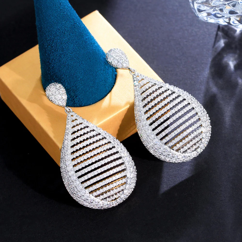 ThreeGraces Luxury Cubic Zirconia Silver Color Long Big Dangle Bridal Wedding Earrings for Women Fashion Brand Jewelry E1112