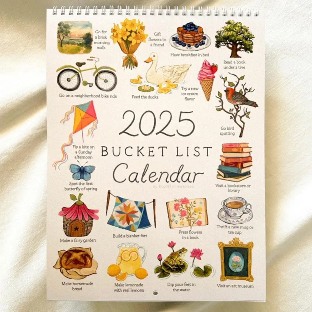 2025 Bucket List Calendar 12 Months Large Double Spiral Wire-Binding Wall Calendar with Hook - Thick Paper, To-Do List & Notes