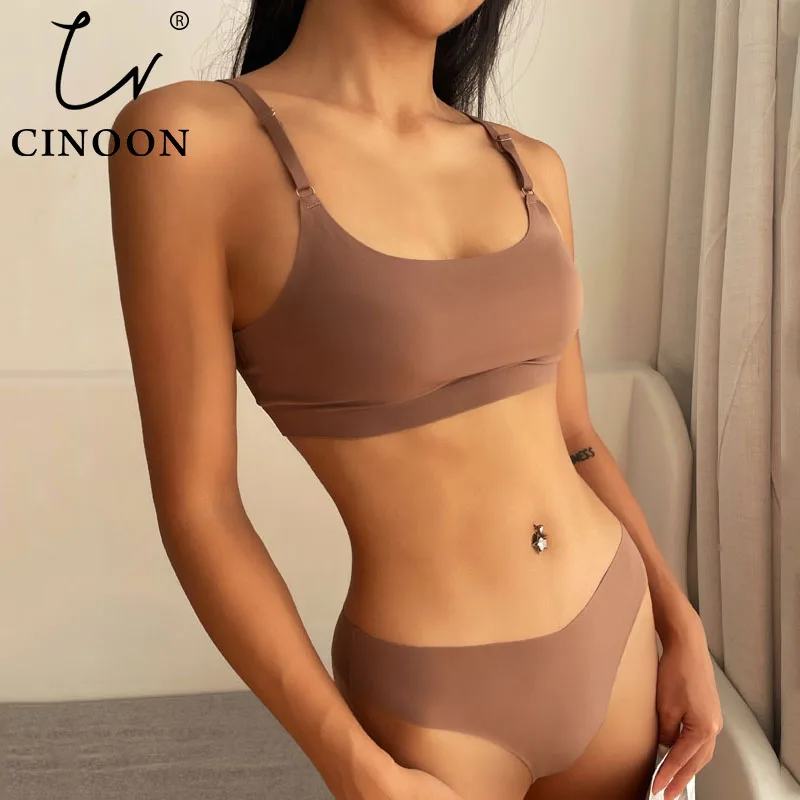 CINOON Women Seamless Bra Set Sexy Low Waist Thong Wire Free Bra Bralette Lingerie Brassiere Ice Silk Female Underwear Set