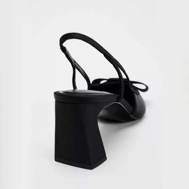Vintage Black Women High Heeled Shoes Pointed Toe Shallow Fashion Bow-Knot Slingbacks Elegant Brand Designer Office Lady Pumps