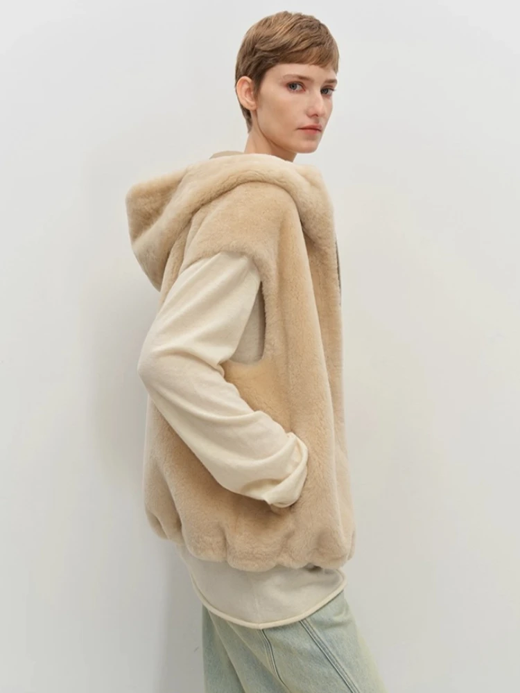 High-end Luxury Merino Sheep Fur Sleeveless Vest Jackets Women Autumn Winter Simple Short Hooded Genuine Leather Real Fur Coat