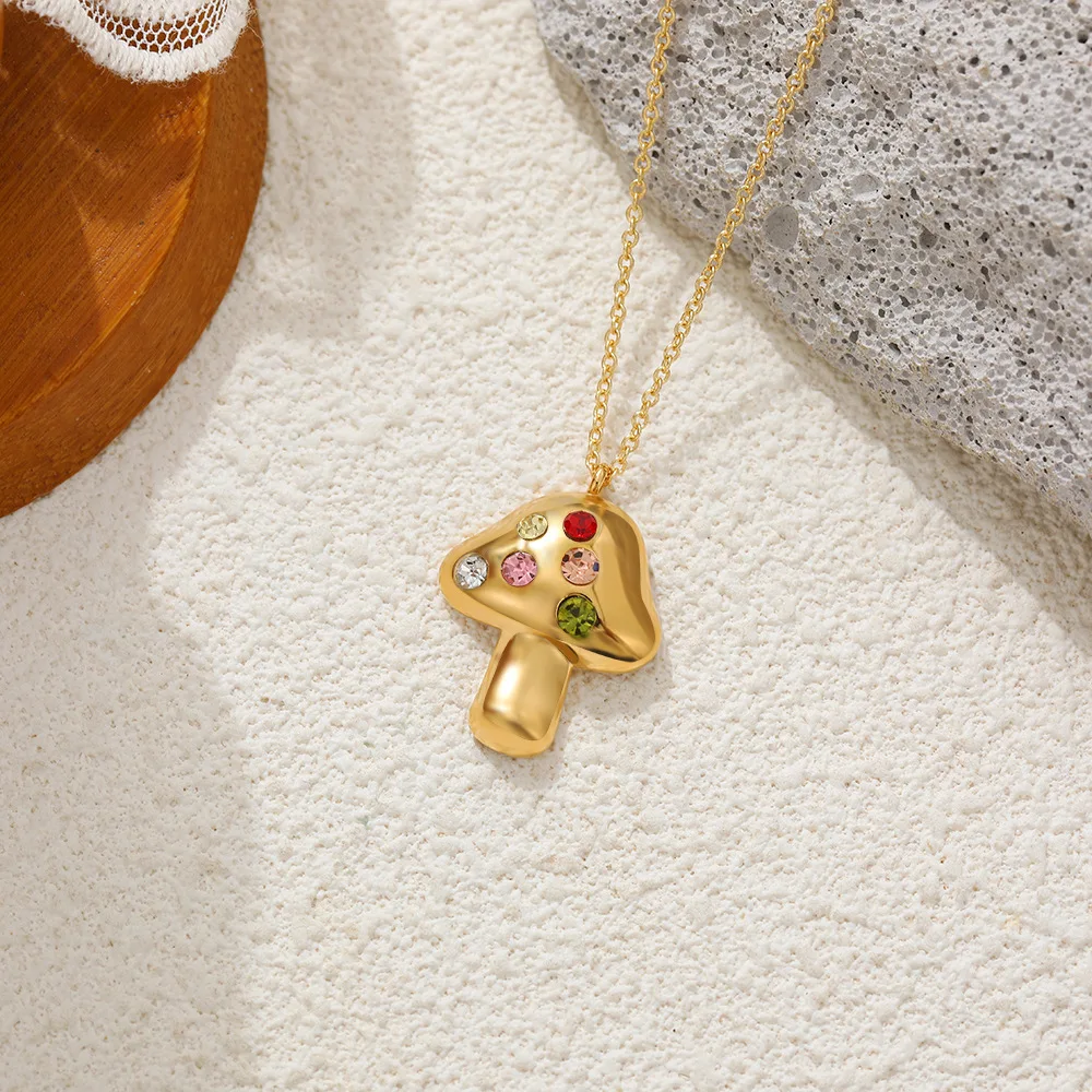 

Stainless Steel Mushroom Pendant Necklace For Women Colorful Cubic Zirconia Gold-plated Jewelry Cute Sweet Charm Girls Gifts