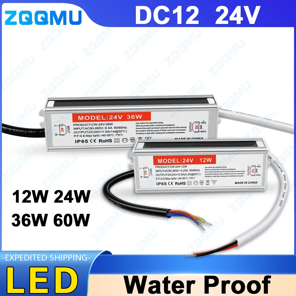 IP65 Waterproof Outdoor Lighting Power Transformer DC 12V/24V LED Driver 12W 24W 36W 60W Adapter Driver Suitable For LED Strips