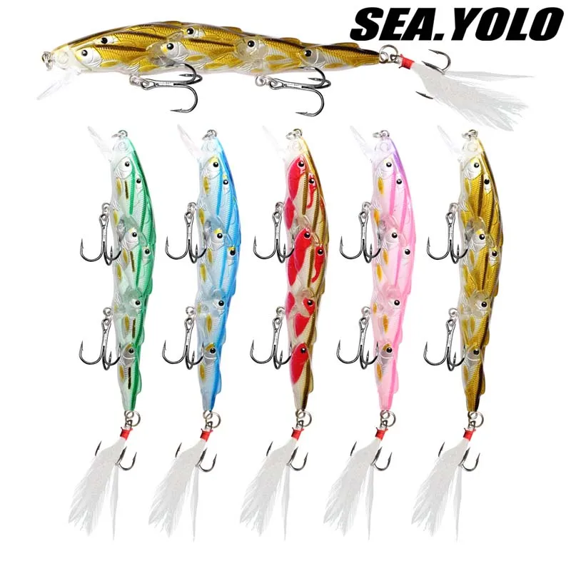 Sea.Yolo 5pcs Floating Minnow Fishing Lure 12cm/15.6g Feather Hook Long-Range Plastic Fake Bait Artificial Biomimetic Bait