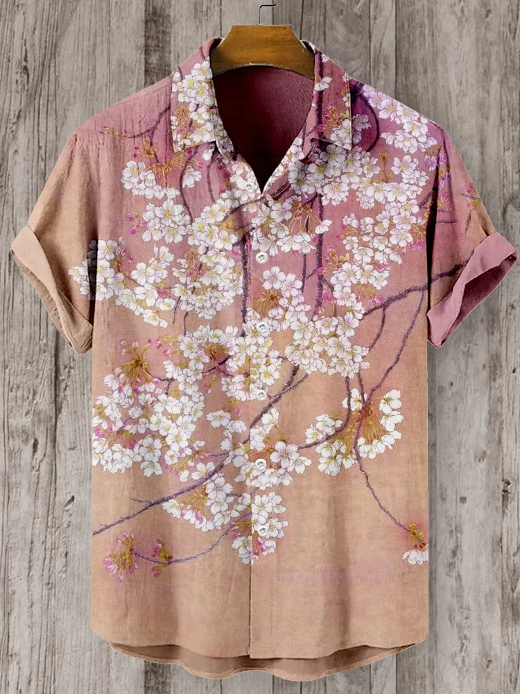 Nova camisa floral retro de manga curta praia havaiana gola cubana nicho solto camisa masculina linho