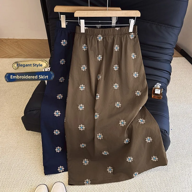

Summer New Heavy Embroidery Elastic Waist f Skirt Women's Faion Versatile Thin Sle Mid-Length Cotton Blend Skirt