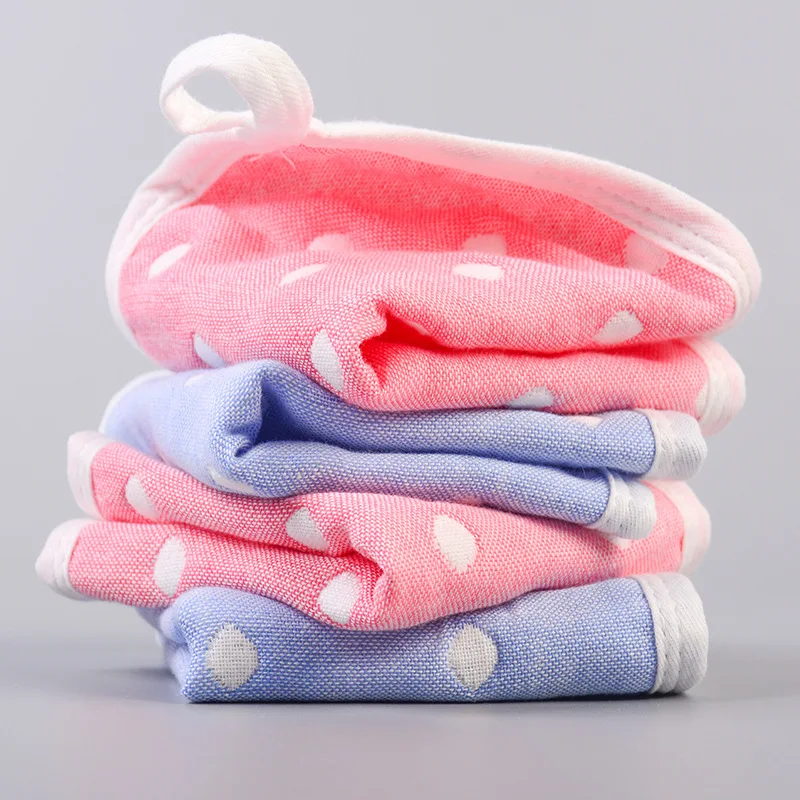 6-Layer Gauze Cotton Edge-Bound Small Square Towel  Highly Absorbent Kindergarten Face & Hand Towel with Polka-Dot Design