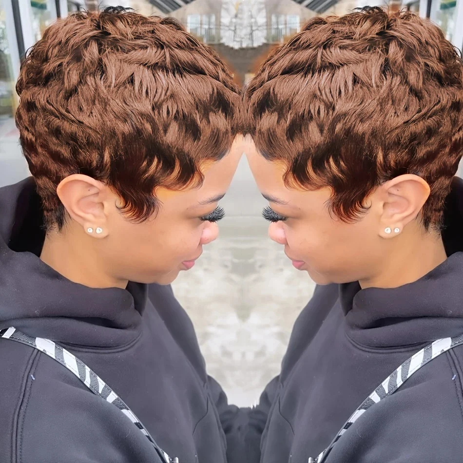 人毛ショートピクシーカットレミーウィッグフルマシンメイドボブウィッグ前髪付き