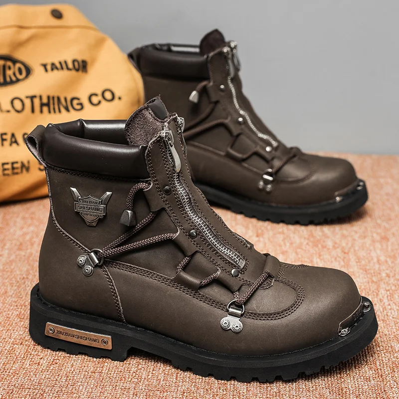 New High Quality Men's Leather Boots Trend Men's Motorcycle Boot Outdoor Non Slip Work Boots Comfortable Platform High-Top Boots