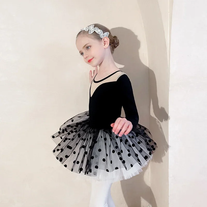 Black Dots Girls Training Skirt Children\'s Dance Clothes Grading Split Ballet Dress Kids Leotard For Gymnastics Long Sleeve Soft