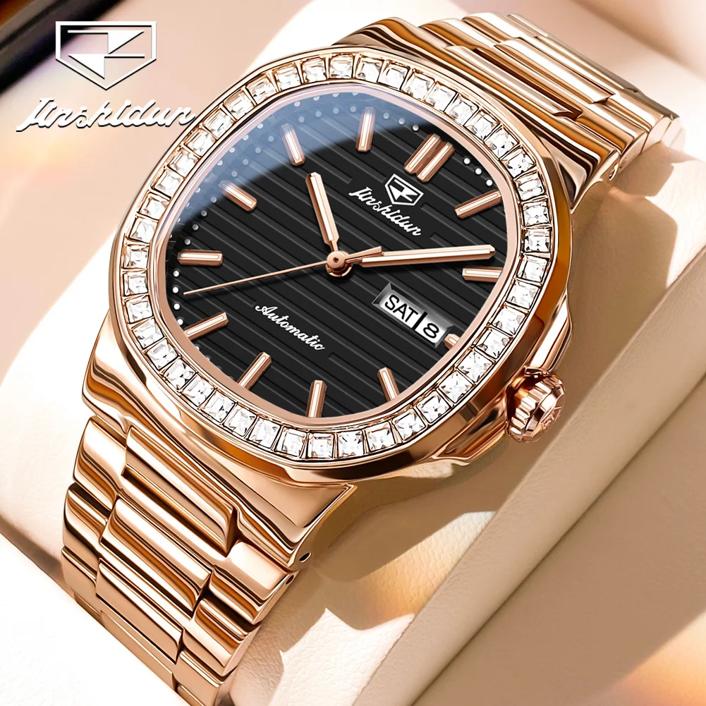 JSDUN Fashion Automatic Mechanical Mens Watch Original Waterproof Wrist Watch Men Luxury Rose Gold Stainless Steel Watch for Men