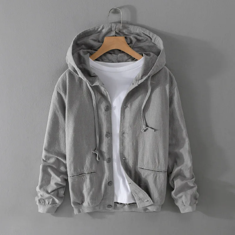 

Y201 Hooded Jacket Cotton Linen Skin Friendly Single Breasted Handsome Casual Loose Simple Trendy Spring Autumn Coats For Man