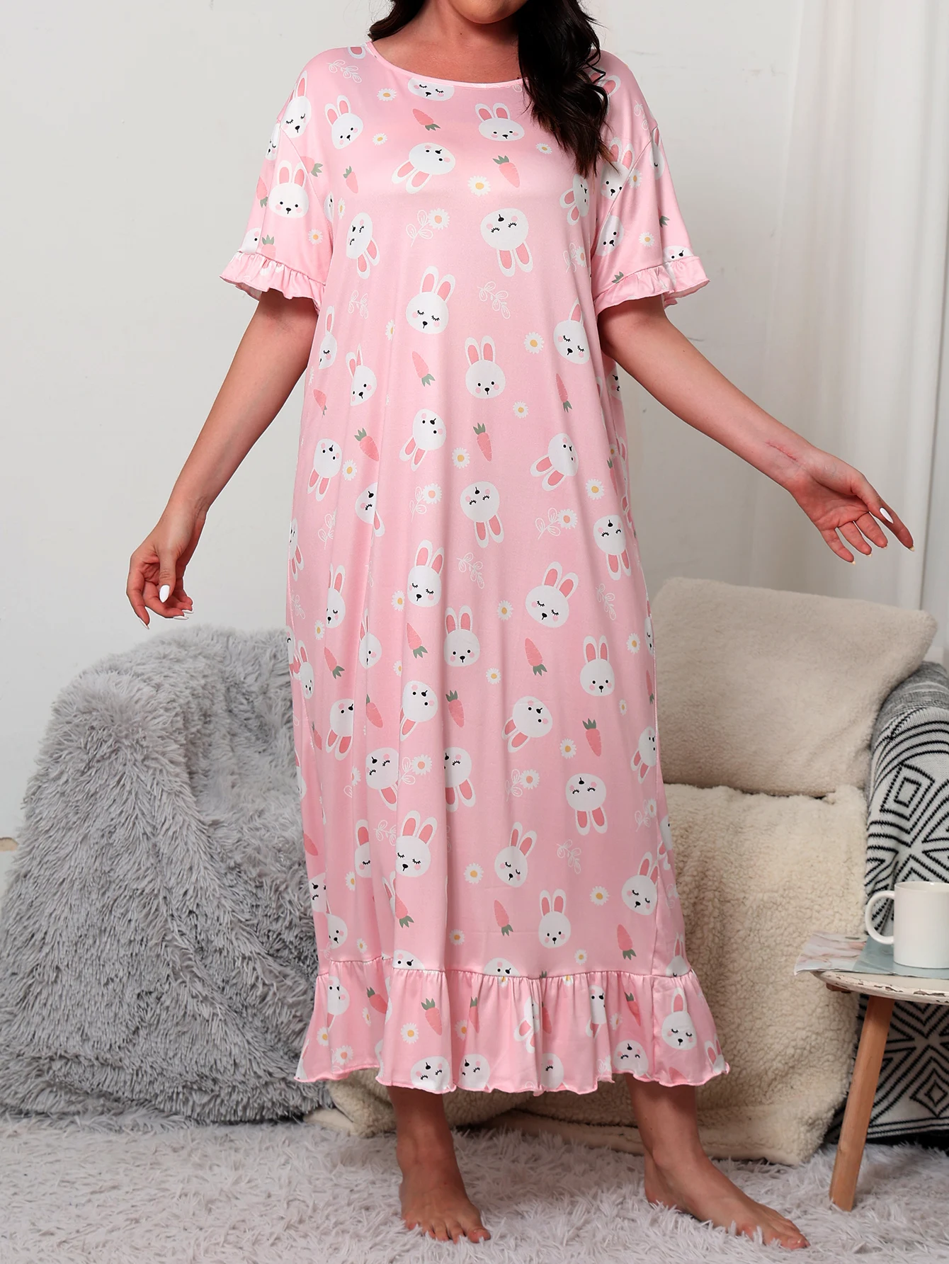 Milk Silk Short sleeved Skirt Pajamas Summer Thin Short sleeved Skirt Loose Pajamas Home Sleepwear Skirt Large Women\'s Pajamas