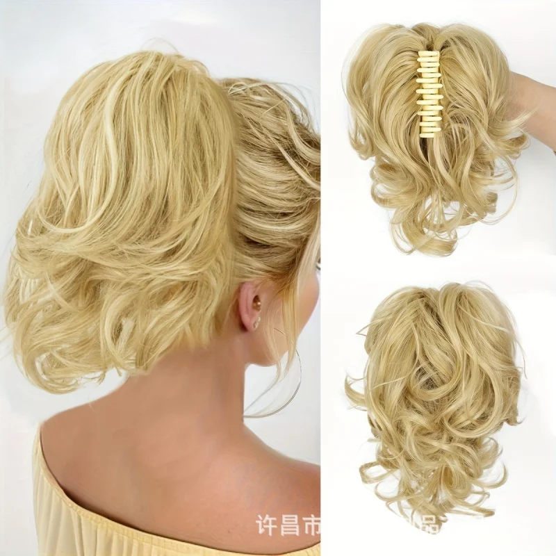 European American style women's clip-on with waterfall curls, fluffy and light, high crown, large wavy ponytail