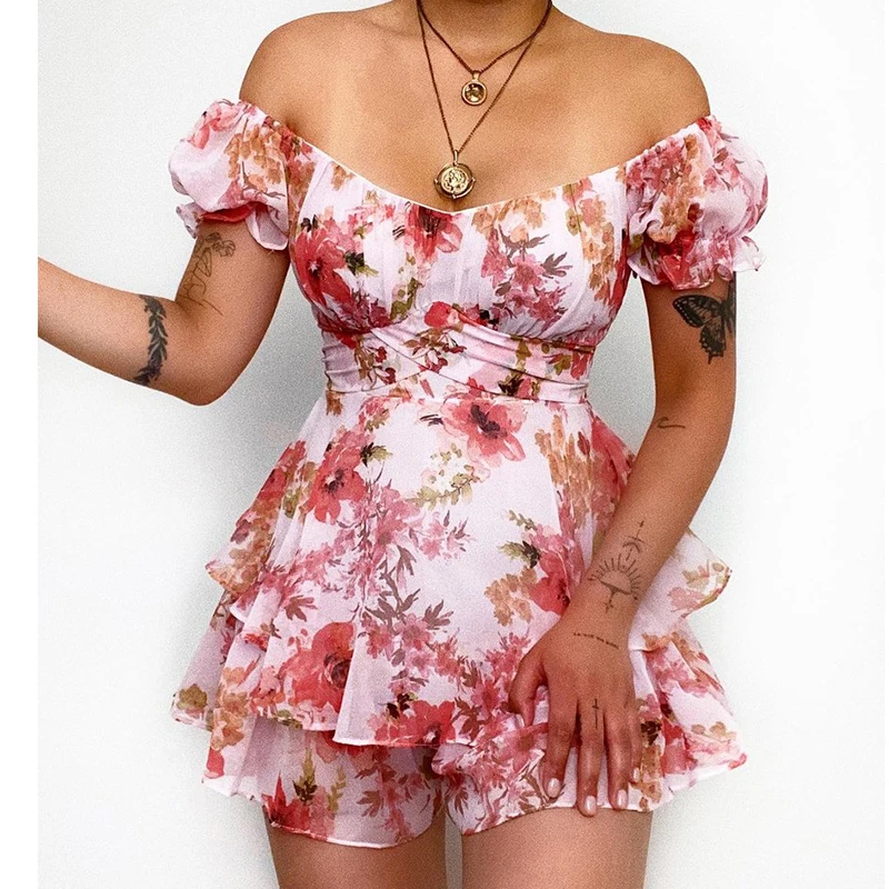 Ardm Sexy Square Collar Floral Print Short Sleeve Chiffon Summer Playsuit Women 2022 Ruffle Bodycon Vintage Female Romper