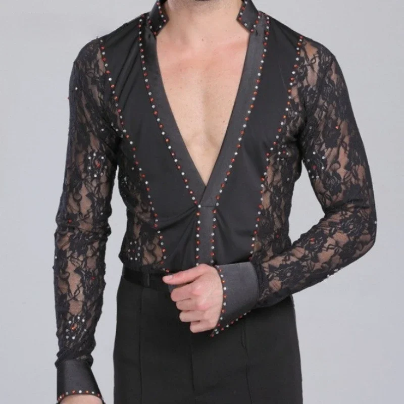 Men Latin Dance Lace Garment Dance Waltz Ballroom Dance Garment Performance Latin Man Shirts Garment Tops