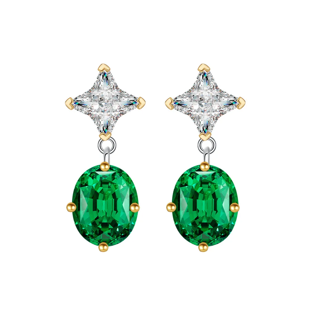 CC Lucky Original New Oval 8 * 10 pigeon egg ice cut emerald diamond earrings female pure silver earrings