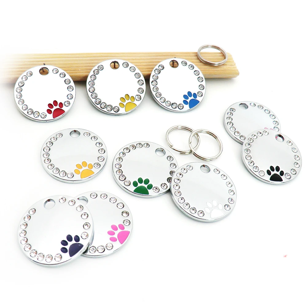 

Wholesale 100PCS Alloy Rounded Diamond Dog Paw Pet ID Accessories Engraving Custom Personalized Nameplate Tag Cat Collar