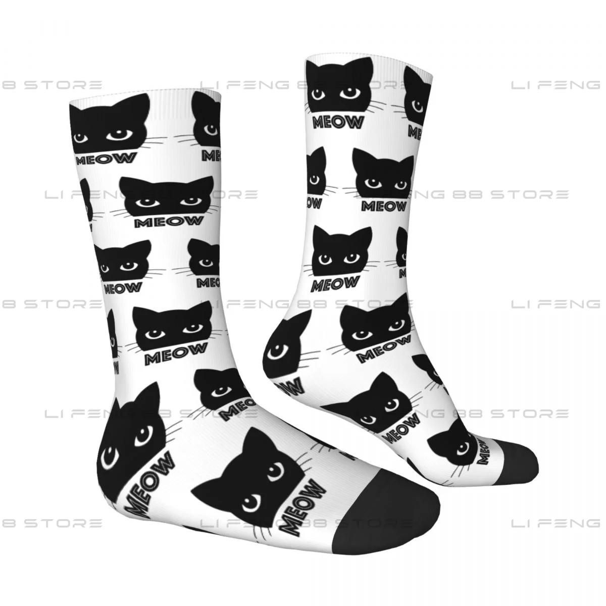 Funny Black Cat Saying Meow Minimalist Design Men Women Socks Outdoor Novelty Spring Summer Autumn Winter Stockings Gift