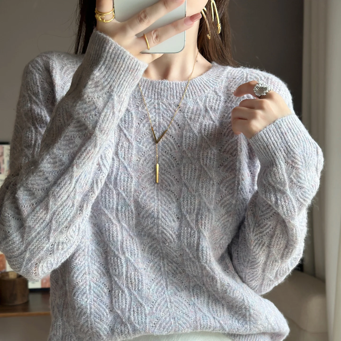 

New 100% Merino Wool O-Neck Jacquard Pullover Casual Minimalist Sweater Women Autumn Winter Cashmere Fashion Versatile Knitwear