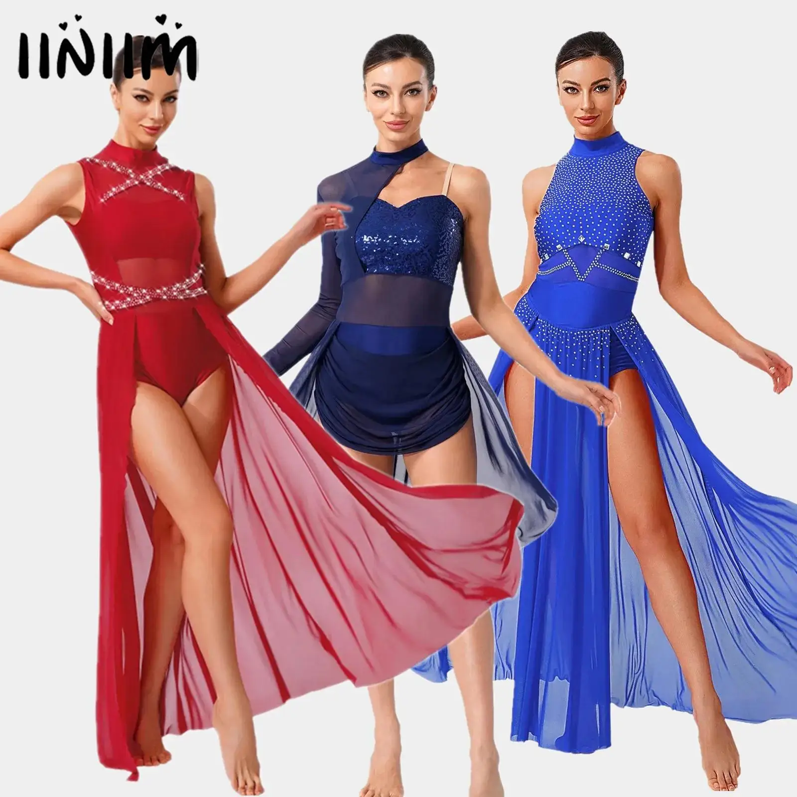

Womens Rhinestone Gymnastics Artistic Figure Skating Ballet Dance Performance Costume Modern Lyrical Contemporary Dance Dress
