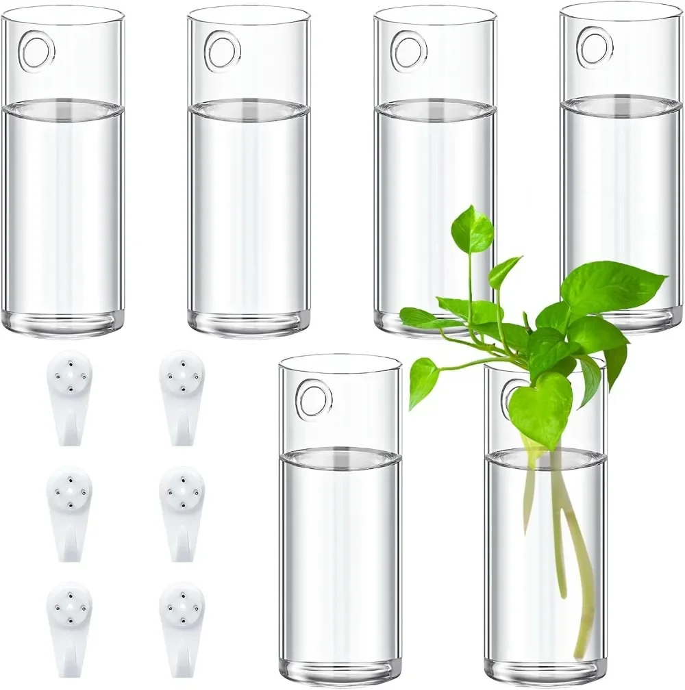 3/6Pcs Glass Wall Vase for Plants Indoor Hanging Propagation Planter Container Holder with Plastic Invisible Traceless Hook
