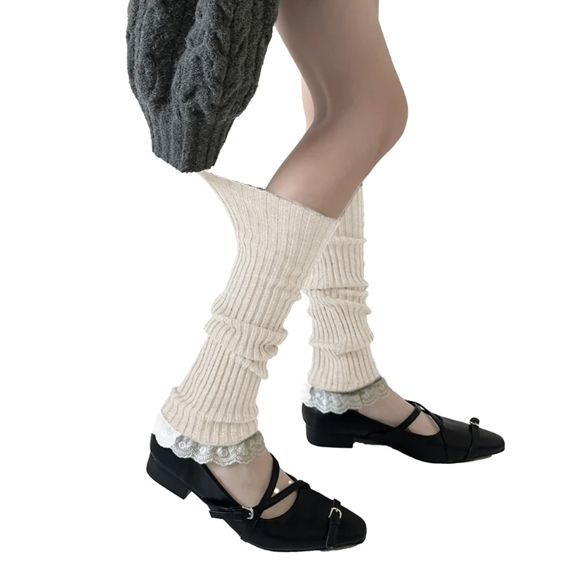 Aesthetic Women Teen Girls Ribbed Knit Leg Warmer Calf Socks Elegant Ruffled Lace Hem Patchwork Foot Covers Boot Drop Shipping